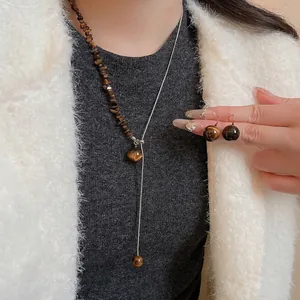 Tiger's Eye Stainless Steel Necklace And Earrings With 925 Sterling Silver Earring Post Y-Shaped Retro Jewelry For Women
