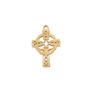 Macro shot of gold Celtic knot cross pendant with polished stainless steel finish