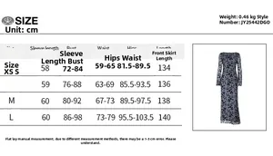 Detailed size chart for long sleeve floral maxi dress with measurements in centimeters