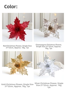 Detail view of sparkling artificial Christmas flowers in four colors with sequins