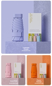 Mini six-fold ultra-light travel umbrella in lavender, coral, and orange with gift boxes