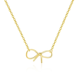 Elegant S925 sterling silver gold bow necklace with sparkling zircon pendant on white background