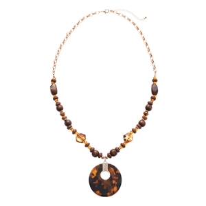 Collier vintage en perles de bois et acrylique avec pendentif rond motif léopard