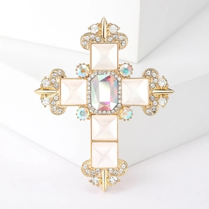 Baroque golden cross brooch with central iridescent rhinestone and pearl inlays