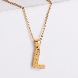 18K gold plated stainless steel necklace featuring a textured letter L pendant design