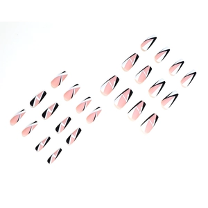 Minimalist long trapezoid false nails with black and white geometric patterns in 24 pieces