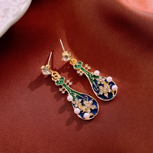 Pipa Drop Earrings Enamel Floral Chinese Style Vintage Jewelry With Silver Earring Post Alloy Rhinestone Artificial Pearl For Women