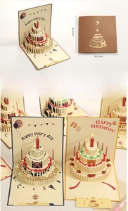 Detail of 3D pop-up birthday card showing laser-cut three-layer cake and stars