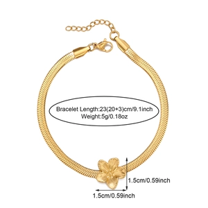 Gold stainless steel snake chain bracelet featuring a textured 5-petal flower pendant charm