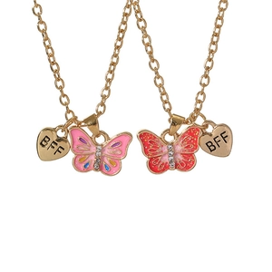 Golden butterfly necklace set for best friends with BFF heart charms and pink red pendants
