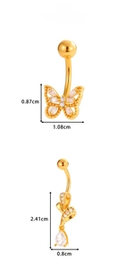 Detailed view of gold butterfly and teardrop zircon belly rings with precise measurements