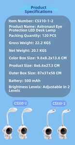 Specifications for LED astronaut desk lamp with 500mAh battery and flexible hose neck