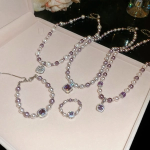 Zircon rose pearl jewelry set including necklaces, bracelet and ring in a pink gift box