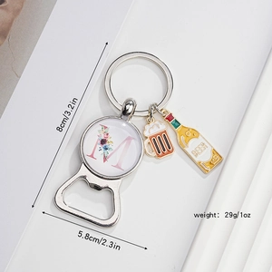 Detailed view of silver letter M beer bottle opener with charm pendants and dimensions