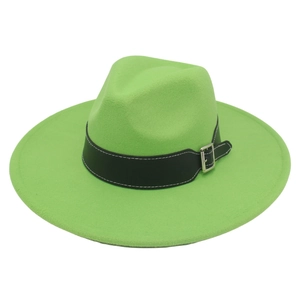 Detail of bright green fedora hat featuring a wide brim and black leather belt with buckle