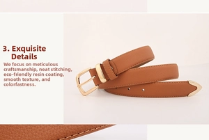 Detail of brown lychee grain leather belt with golden buckle and neat stitching