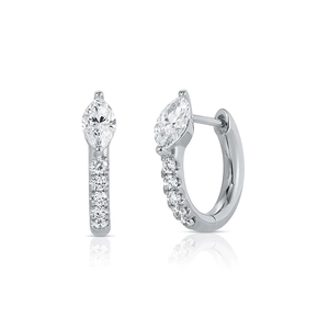 Macro shot of S925 sterling silver hoop earrings with marquise and round cut zircons