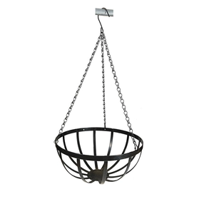 Hanging semi-spherical black metal wire flower basket with coco liner and three chains