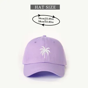 Size chart showing adjustable 56-58cm head circumference for purple palm tree baseball cap
