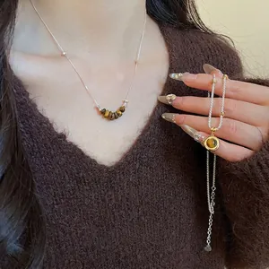 Tiger eye beaded necklace with round pendant in retro silver style for women