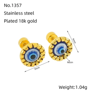 Detail view of 9mm Evil Eye stud earrings showing size, 1.04g weight, and 18k gold plating
