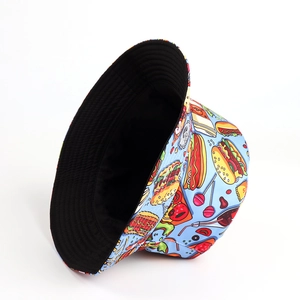 Close-up of printed bucket hat featuring colorful snacks and fast food illustrations