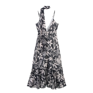 Elegant V-neck black and white floral chiffon midi dress with ruffles and neck tie