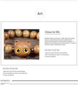 Gros plan d'un pendentif chat en bois de santal sculpté à la main avec perles naturelles