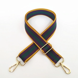 Adjustable woven replacement strap with purple, green and yellow stripes and gold hooks