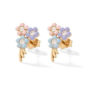 Macro view of gold S925 silver flower stud earrings with colorful enamel and white zircon