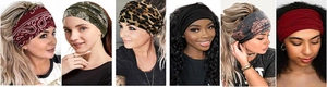 Collage of diverse patterns including floral, camo and leopard print yoga headbands