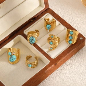 Stainless Steel Open Ring Vintage Gold Plated With Synthetic Turquoise Bohemian Adjustable Jewelry For Women
