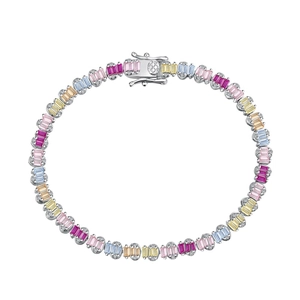 Bracelet tennis en argent sterling S925 avec cristaux rectangulaires colorés en cercle