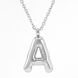 Silver chubby bubble letter A pendant necklace with glossy stainless steel O-chain