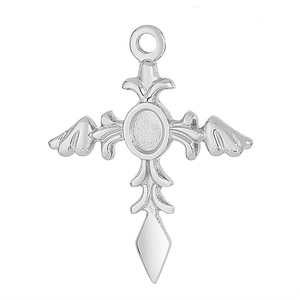 Close-up of polished silver angel wing cross pendant with matte oval center detail