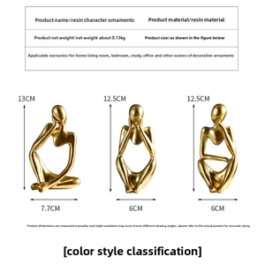 Detailed size specifications for matte gold resin thinker statues and abstract ornaments