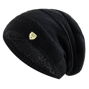 Classic black fleece-lined knit beanie with warm thermal thick lining and shield badge