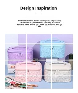 Close-up of heart-embossed PU leather makeup bags in four colors with top handle and zippers