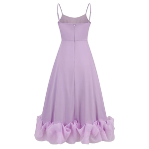 Detail view of lavender A-line dress with spaghetti straps and ruffled hem design