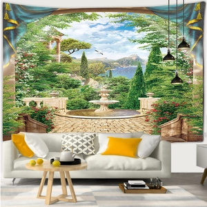 Detail of wall tapestry featuring a classic European fountain garden and blue ocean scenery