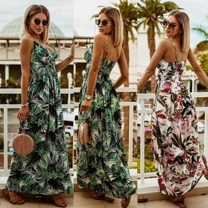Maxi Dress Floral Print Spaghetti Strap V Neck Sleeveless Polyester Bohemian Beach Vacation Summer Long Sun Dress
