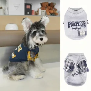 Layered Look Plaid Patchwork Pet Hoodie Cotton Letter Embroidery Autumn Winter Sweatshirt For Dogs Cats Streetwear Style