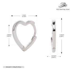 Detail view of 925 sterling silver heart hoop earrings with dimensions and authenticity mark