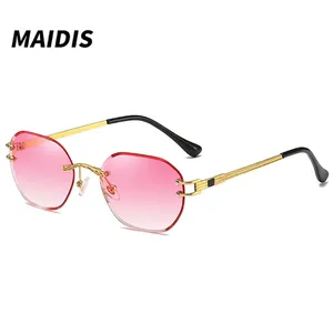 Chic rimless sunglasses with pink gradient diamond-cut lenses and golden metal frames