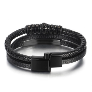 Men's multi-layer black leather woven bracelet with black magnetic clasp and metal rings