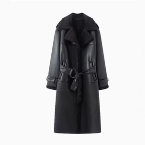 Women's black long faux leather coat with shearling collar and waist belt