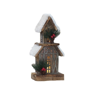 Lighted wooden Christmas cabin with snow-covered roof and warm LED festive decorations