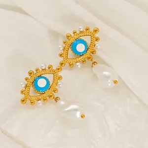 Elegant 18k gold plated evil eye stud earrings with pearls and baroque drop pendants