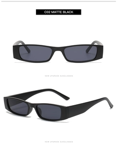 Detail view of matte black vintage rectangle sunglasses showing front and side frame design