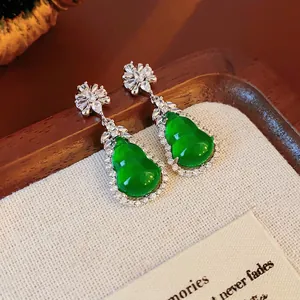 Green Resin Gourd Drop Earrings Zircon Copper 925 Sterling Silver Earring Post Vintage New Chinese Style For Women